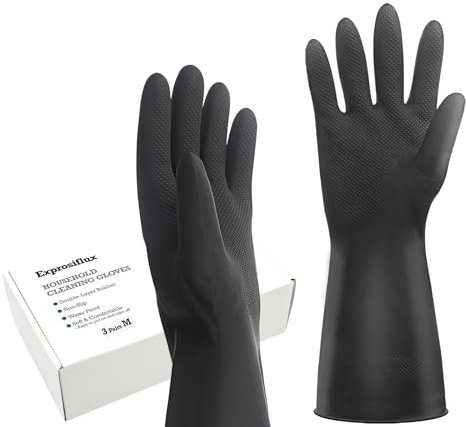 Exprosiflux Heavy-Duty Thick Black Rubber Cleaning Gloves, 3 Pairs, M