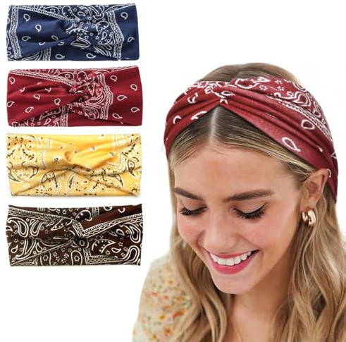 4 stycken breda elastiska dampannband mjuk sommar boho tryck tillbehör sport yoga bandana dam flerfärgad