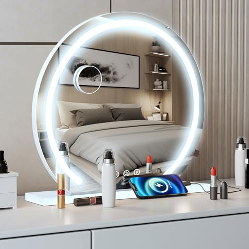 YU YUSING Hollywood Espejo Maquillaje con Luz, 60x58cm 3 Modos Iluminación Regulables, Espejo Tocador Grande, Espejos de Mesa Rondo, USB, Vanity Mirror Tocador Dormitorio, Controles Táctiles, Blanco