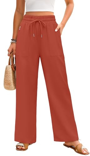 Niwicee Pantalon Femme Été Lin Pantalons Taille Haute Elastique Pantalon Grande Longueur Palazzo Pants Jambe Large Ample Droit Décontractée avec Poches(Rouge Brique,XL)