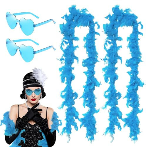 SAIIURV 4 piezas Boa de plumas azul para mujer y niña Lentes De Sol Sin Montura De Corazón para Fiesta de Disfraces de Boda Carnaval Halloween Baile