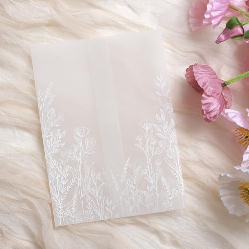 ABIDISO 100 Pack Vellum Jackets for 5x7 Invitations - Pre-Folded Vellum Paper 5x7, 130GSM Translucent Wedding Invitations Wraps for Wedding, Birthday Invitation (Wildflower Pattern)