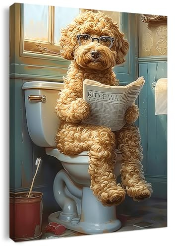 Qiukoo Funny Dog Toilet Wall Art, Humorous Bathroom Decor, Canvas Prints for Walls, Modern Toilet Sign Artwork, Cute Wall Decoration, Quirky Bathroom Picture for Home 12x16 Inch