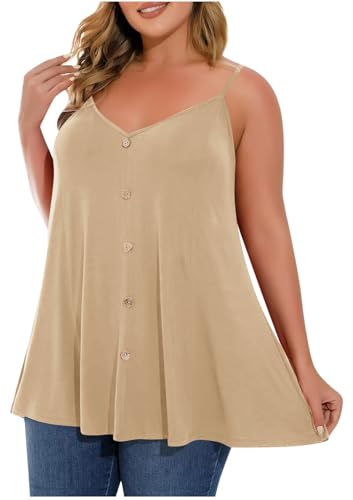 Camiseta de tirantes finos para mujer, sexy, botones en V, camisola de verano, sin mangas, camiseta de tirantes de talla grande, camiseta ligera de un solo color, holgada, cómoda