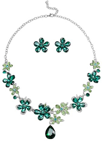 XFSRG Conjunto Joyas de Mujer Collar con Colgante en Forma de Gota y Pendientes con Diseño Floral en Cristal Strass Estilo Elegante Ajustable Ideal para Bodas y Fiestas (Verde)