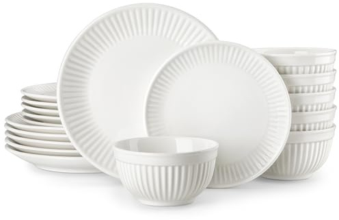 MALACASA 18-Piece Embossed Porcelain Dinner Set for 6, Includes Dinner Plates & Soup Bowls, Chip and Scratch Resistant, Microwave and Dishwasher Safe, Elegant White, Series Leila