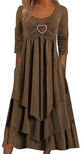 Robe Boheme Femme Manches Longues- Robe Longue Col Rond Irrégulier Plissée Volants Décontracté Couleur Unie Coupe Ample Chic Et Élégants Swing Ourlet Fluide Confortable Doux Tempérament Dress