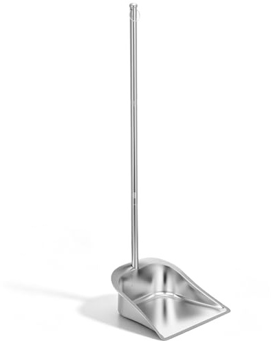 PRETYZOOM Recogedor de acero inoxidable con mango largo, mango largo, pala de limpieza ergonómica para cocina y hogar, diseño Stoop para barrer sin esfuerzo y esquinas estrechas, resistente y duradero