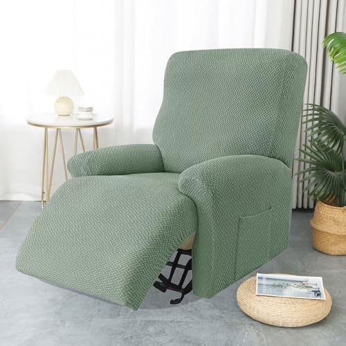 Chickwin Housse Fauteuil Relax 1/2/3/4 Place, Jacquard Housse pour Fauteuil Relax Electrique avec Poche Latérale, Covers Inclinable, Lavable (Vert Sauge,1 Place)