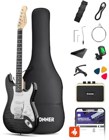Donner DST-90 Electric Guitar, 39 Full Size Beginner Electric Guitar Kit with Amp, HSS Pickup, Gig Bag, Tuner, Capo, Strap, Strings, Cable, Picks, Black Burst