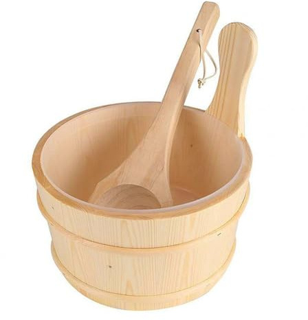 EasyByMall Cubo de sauna de madera con cuchara de madera para baños de vapor y saunas tradicionales, 24 x 27 cm, construcción de madera natural