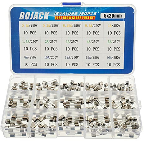 BOJACK 15 Values 150 pcs Fast Blow Glass Fuses Assortment Kit 5x20 mm 250 V 0.1 0.2 0.25 0.5 1 1.5 2 3 4 5 8 10 12 15 20 A packag in a Clear Plastic Box