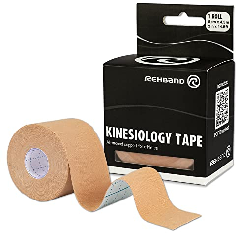 Rehband Kinesiologie Tape zur Selbstanwendung, Physio Sport-Tape zur Unterstützung von Gelenken & Muskulatur, wasserfest, hautfreundlich, elastisch, Farbe:Beige, Größe:1 Rolle