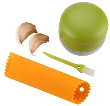 DOSMAMZ Garlic Peeler Garlic Mincer, Press, Cutter, and Storage Container - Includes Silicone Garlic Peeler and Mini Brush - Easy to Clean - Stainless Steel Blades