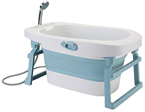 Grand Baignoire Pliable Bébé, Rince Tete Bebe, Baignoire Bebe,Pliable Coussin Support Beignoire Bébé Pliante Pour Bain Douche Hauteur : 43,7 cm-3 en 1-bleu
