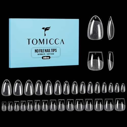 TOMICCA 240Pcs Short Almond & Coffin Nail Tips - Clear Matte Acrylic Full Cover False Nails with No-File Gel Tips | 15 Sizes Soft Soak-Off Extensions for Home Manicure