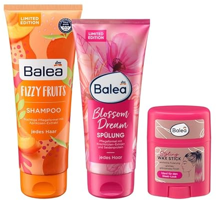 Balea 3er-Set Haarpflege: Shampoo FIZZY FRUITS mit Aprikosen-Extrakt, 250 ml + Spülung BLOSSOM DREAM mit Seidenprotein, 200 ml + WAX STYLING STICK für glatt glänzendes Finish Sleek Look, 25 g (450 ml)