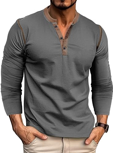 MakingDa Henley T Shirt Manche Longue Homme Tshirt Bouton Leger Coupe Ajustée Vintage Uni Haut Regular Slim Fit Col Rond Chemise Mode Muscle Top de Gris XL