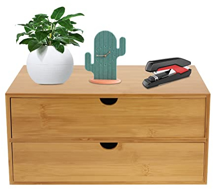 Organizador de escritorio de bambú, mini cómoda, espacio de trabajo en casa, suministros de oficina, caja de madera con 2 cajones, 33 x 19 x 16 cm, color natural