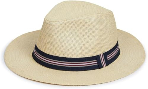 Nicky Adams Countrywear Panama Straw Sun Hat Fedora Style - Lightweight Unisex Beach Hat with UV Protection (Beige with Navy Band 60)