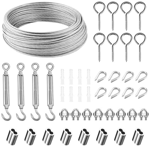 Zorplex 30M Cavo in Acciaio Inox Kit, 3mm Fune Acciaio in PVC Rivestito con Tenditore M5, Fune Metallica Resistente per Piante Rampicanti, Stendibiancheria, Illuminazione Esterna e Progetti da Giardi