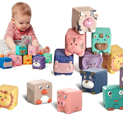 FuYelng 12 Piezas Cubos Sensoriales Animales Bebe, 6 * 5 * 5 cm Apilamiento y Construcción para Bebés Montessori Bloques Blandos Apilables, para Regalos Bebés de 6 Meses en Adelante