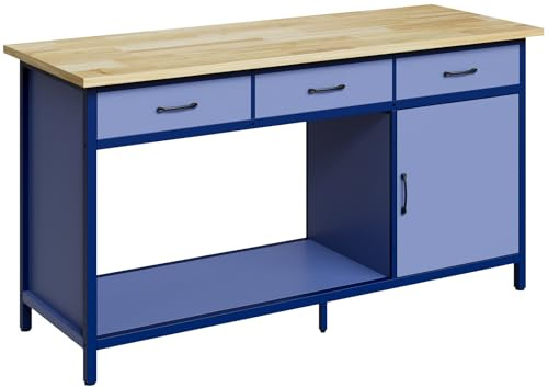 Jummico Werkbank, 160 x 60 x 85 cm, 500kg Traglast, 3 gleitfähige Schubladen, 1 Tür, 25 mm Gummibaumholz, Offener Stauraum, Werkstatt Arbeitstisch, Nebelblau