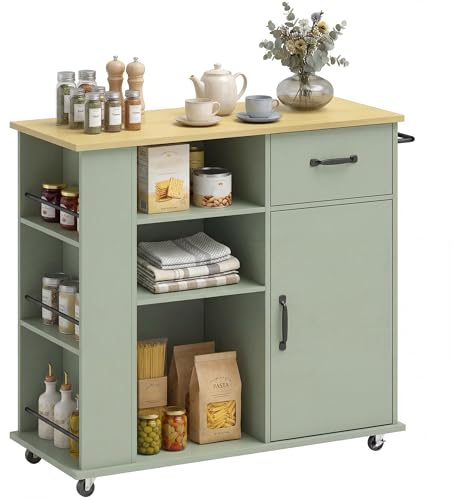 HOMCOM Carrello Cucina con 5 Ruote, Isola Cucina con Ante Soft-Close, Cassetto, Portasciugamani, 3 Portaspezie, 3 Scaffali Aperti e Ripiano Regolabile, Multiuso Salvaspazio, 96.5x38x87 cm, Verde