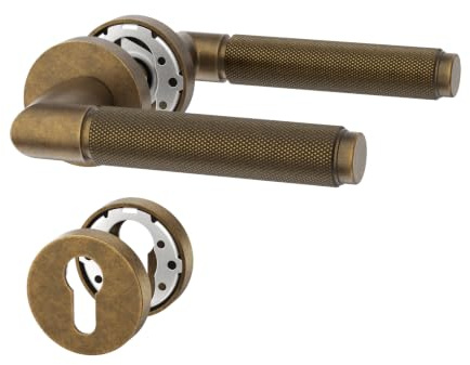 Amerdeco Manija de puerta interior Bronce Retro con roseta redonda, juego de palanca PZ con cilindro europeo, herraje de puerta para puertas de entrada e interiores UK0098