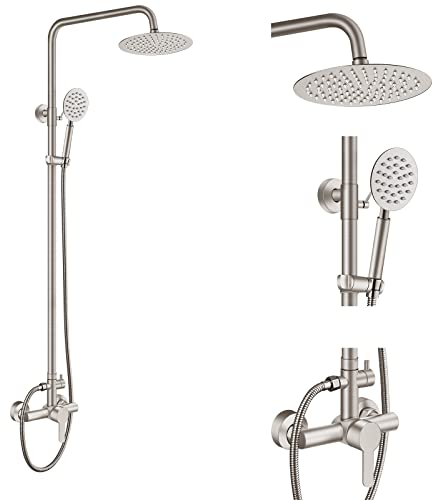 Aolemi Außendusche SUS304 Duscharmatur Kombi-Set Edelstahl 8 Regenduschkopf Hochdruck Handbrause Wandhalterung 2 Dual Funktion Bürste Nickel Einzelgriff