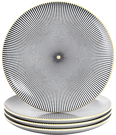 INTIRILIFE 4x Plato de porcelana en Infinito - Negro y Blanco - Diámetro 20.5 cm - Plato de desayuno, plato de postre, plato de servir para ensalada, fruta, pasta, postre, plato principal y snacks