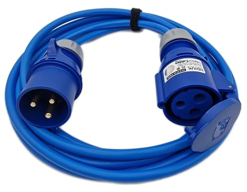 UK Made Mains Power Hookup Cable IP44 16 Amp CEE Plug to Coupler. Electric Extension Lead Blue (Length 10 Metres)