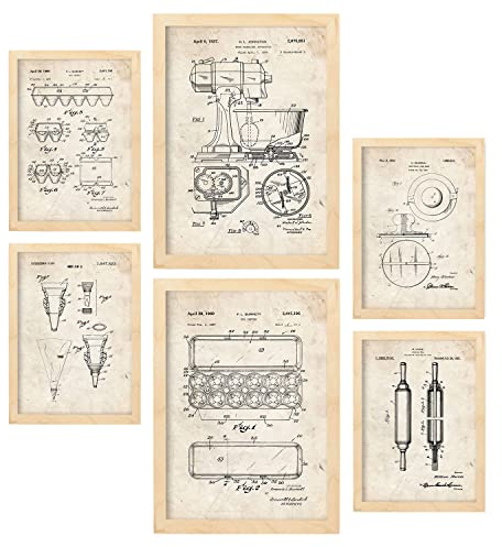 Nacnic Set med 6 ark med patent – köksapparater Affischer med retroteckningar av antika uppfinningar Inredning i vintagestil Storlek A4 och A3.