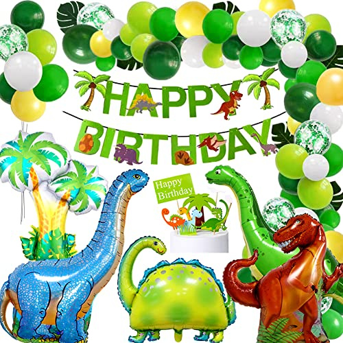 OEMG Decorazioni Festa Dinosauri Compleanno, XXL Palloncini Dino Lamina Foil, Kit Arco Palloncini Verde e Striscioni, Decorazioni Torta Dinosauri for Compleanno Bambini Giurassica Festa Nella Giungla