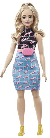 Barbie Fashionistas Puppe, kurvige Langen blonden Haaren, Girl Power Dress, rosa Gürteltasche, gelbe Schuhe, inkl. Barbiepuppe, Geschenk für Kinder, Spielzeug ab 3 Jahre,HJT01