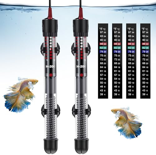 Dreyoo 2 Set 100W Submersible Aquarium Heater, Adjustable Aquarium Fish Tank Heater with 4 Thermometers Stickers and Suckers, Adjustable Knob Thermostat for Marine Saltwater and Freshwater