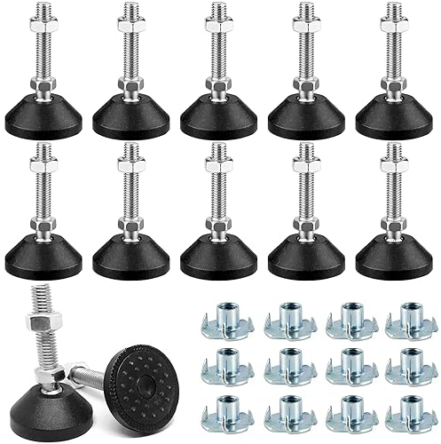 Pack of 12 360° Adjustable Feet Height Adjustable M10 x 50 mm with Drive-in Nuts, Heavy Adjustment Screw Furniture Feet, Metal Adjustable Feet for Furniture, Levelling Feet, Stainless Steel, Noise,