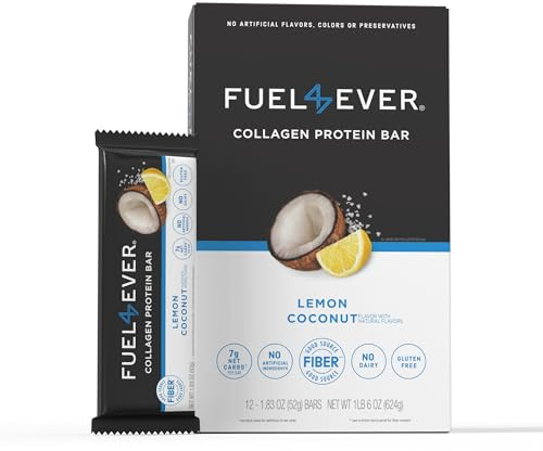 Fuel 4 Ever Collagen Protein Bars | 15G Protein, Gluten Free, Dairy Free, No Stevia or Artificial Ingredients Added, Sweetened with Honey | Lemon Coconut Flavor (Box of 12)
