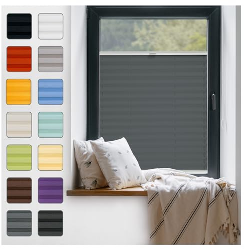 Fenster Plissee ohne Bohren zum Kleben Innenrahmen - Thermo Plisseerollo Innen - Rollo Jalousie, Halterungen auf Rahmen, Faltrollo, Sichtschutz, Blickdicht, für Fenster & Tür - Grafit, 25 x 130 cm