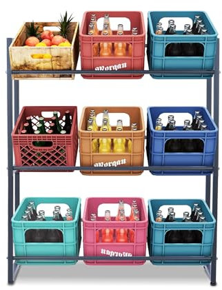 DFENG Getränkekistenregal für 9 Kästen Getränkeregal Metall 3 Ebenen Getränkekistenhalter Kistenständer Standregal Bierkistenregal Wasserkistenregal Kistenregal Schwarz, 98x31x114.5 cm