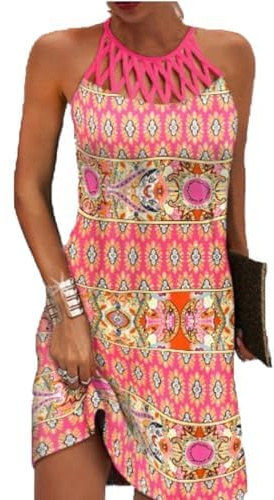 GRMLRPT Robe Femme d'Été sans Manches Boho Mi-Longues Style Ethnique Élégant Imprimé Mesh Rétro Neckholder Loisirs Robes de Plage(Multicolore,S-XXL)
