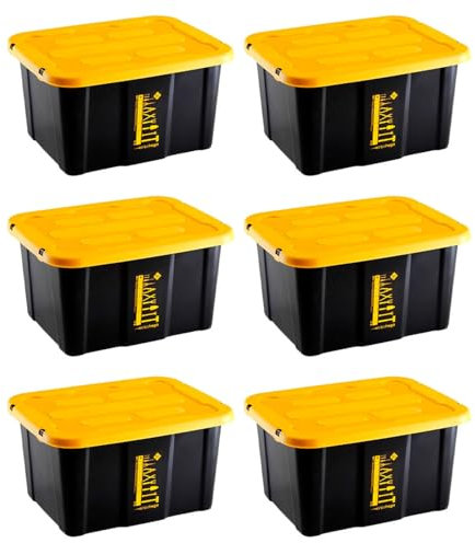 AC - Pack de 6 Cajas de almacenaje apilable con Tapa, plástico, cajón Multiusos, ordenación, Herramientas, hogar, Fabricada en España (Amarillo y Negro - 30 litros - 48 x 38 x 25,5 cm)