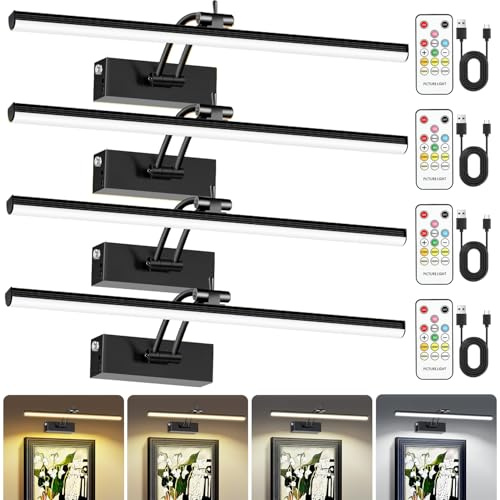 6 Colors Picture Lights Battery Operated with Remote, 16 Cordless Rechargeable Painting Lights with Timer for Wall, 6CCT Dimmable Display Lights for Artwork Gallery Dartboards, 4 Pack (Black)