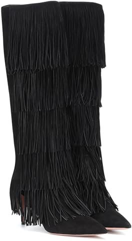 Stivali Alti al Ginocchio con Frange e Tacco Spillo per Donna alla Moda con Punta a Punta Tacco Alto Nappe Stivali Alti Eleganti in Pelle Scamosciata Slip-on Scarpe da Festa,Nero,46 EU