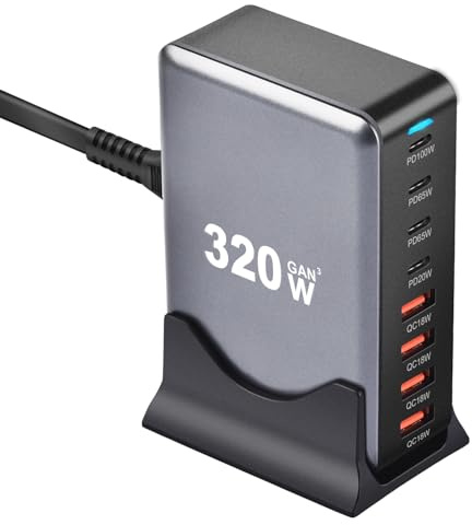 PFMY USB-C Type C 320W USB Laddningsstation Adapter Laddare Power AC Adapter Schnellladegerät PD 100W 65W 8 Port GAN 3 Tech Ladestation Automatisch 4 USB-C och 4 USB-A