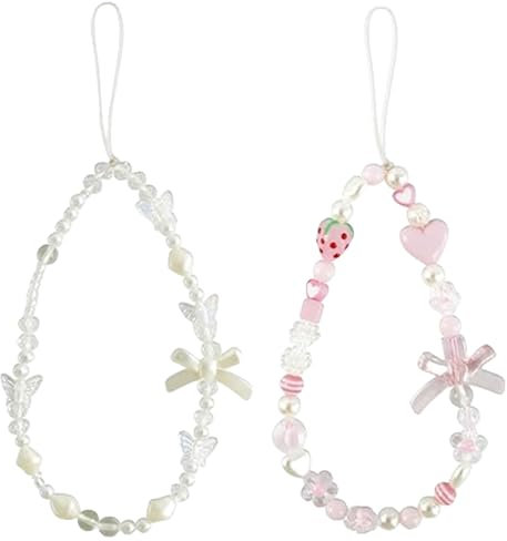 Yamobi 2er-Set Y2K Handyanhänger, Perlen-Handykette, Cute Keychain für Handyhülle, Beaded Phone Strap, Strawberry & Bow Bag Charm, Handyband, Pink Handyanhänger für Frauen