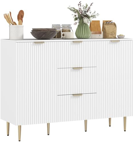 HOMCOM Credenza Cucina Buffet Moderna con 3 Cassetti e 2 Armadietti a 2 Ante, Mobile Cucina con Ripiani Piedini Regolabili, Madia Cucina per Soggiorno e Ingresso in Legno,120x40x90 cm, Bianco