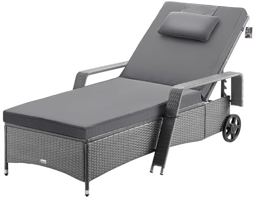 Casaria® Sonnenliege mit Rollen Extra Breit 90cm 7cm Auflage Gartenliege Wetterfest 165kg Belastbar Grau Anthrazit Balkonmöbel Verstellbar Liegestuhl Terrasse