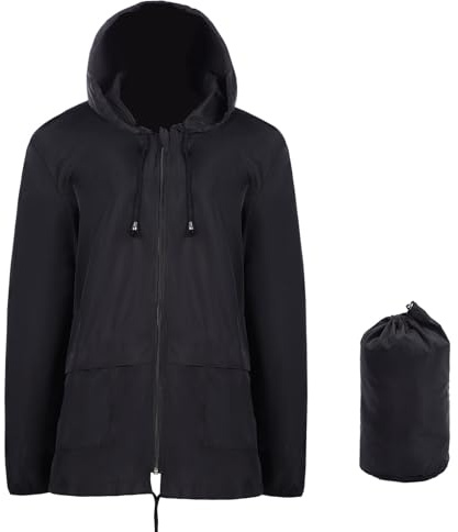 Chaqueta impermeable ligera para mujeres, chubasquero plegable chaqueta de lluvia con capucha para actividades al aire libre, senderismo, correr, ciclismo, Negro, XXL