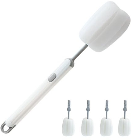 FENORA® Cepillo Limpia Botellas por Dentro con Mango Largo + 4 Recambios | Cepillo de Espuma Suave sin Arañazos, Ideal para Biberones, Botellas de Agua Reutilizables, Termos y Copas